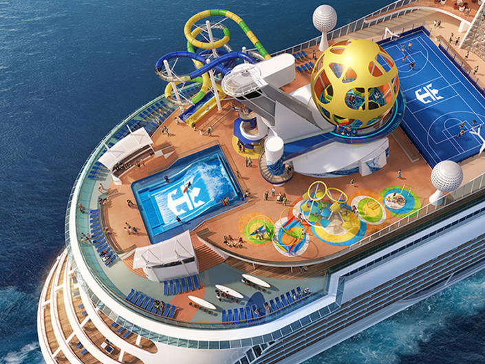 An arial view of the deck of a Royal Caribbean International cruise ship